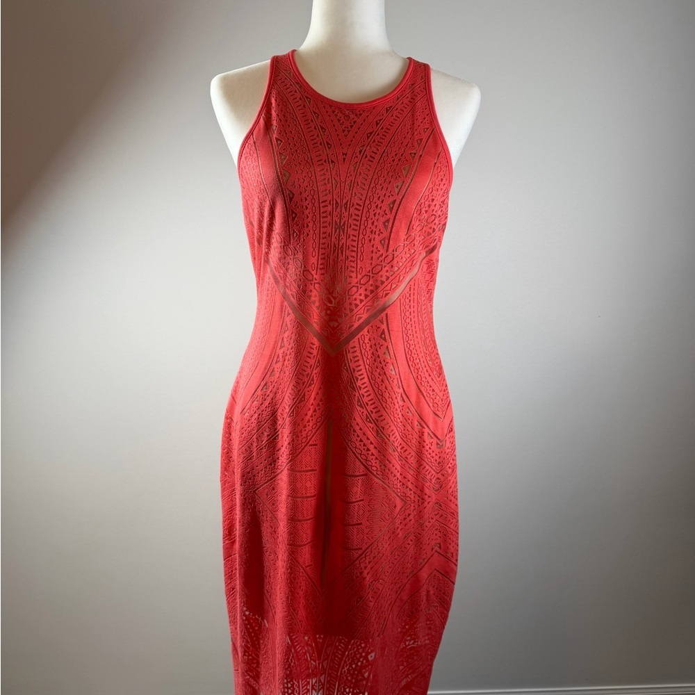 Mossimo Coral Sleeveless Textured Midi Dress Size S | Sheer Overlay
